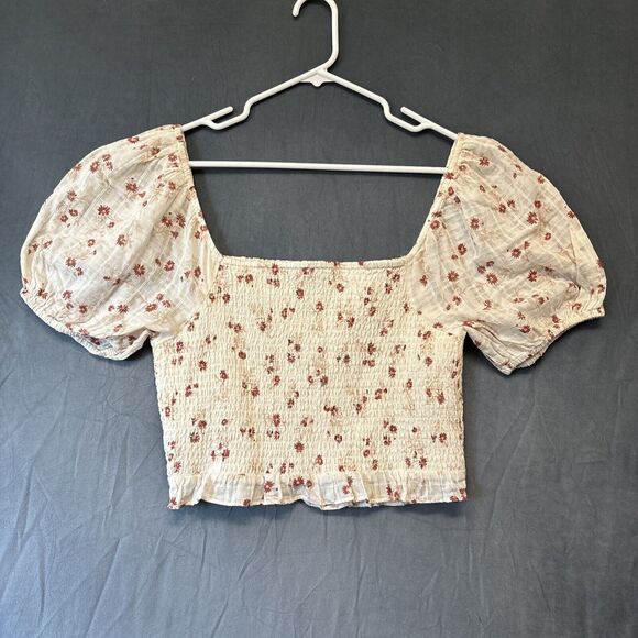 American Eagle Off Shoulder Top Y2K Large Ruffle Sleeve Crop Ruch Floral Boho - Picture 2 of 10